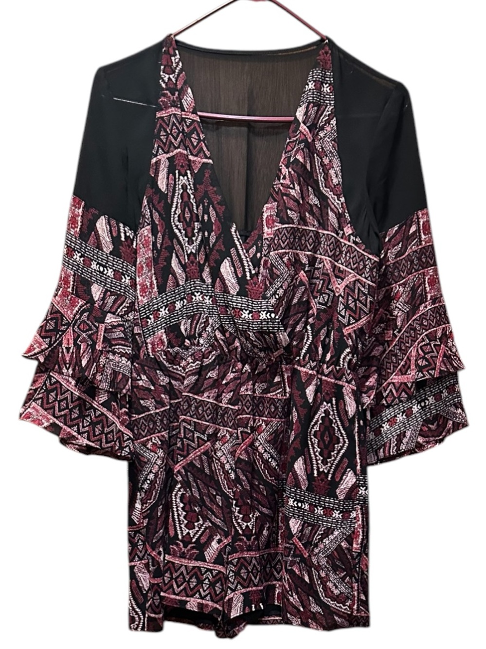 BCBGeneration V-Neck Printed Romper in Black and Wine